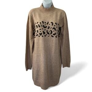 Hem & Thread Anthro Sweater Dress Tan Leopard Print Cozy Knit Size Med NWT